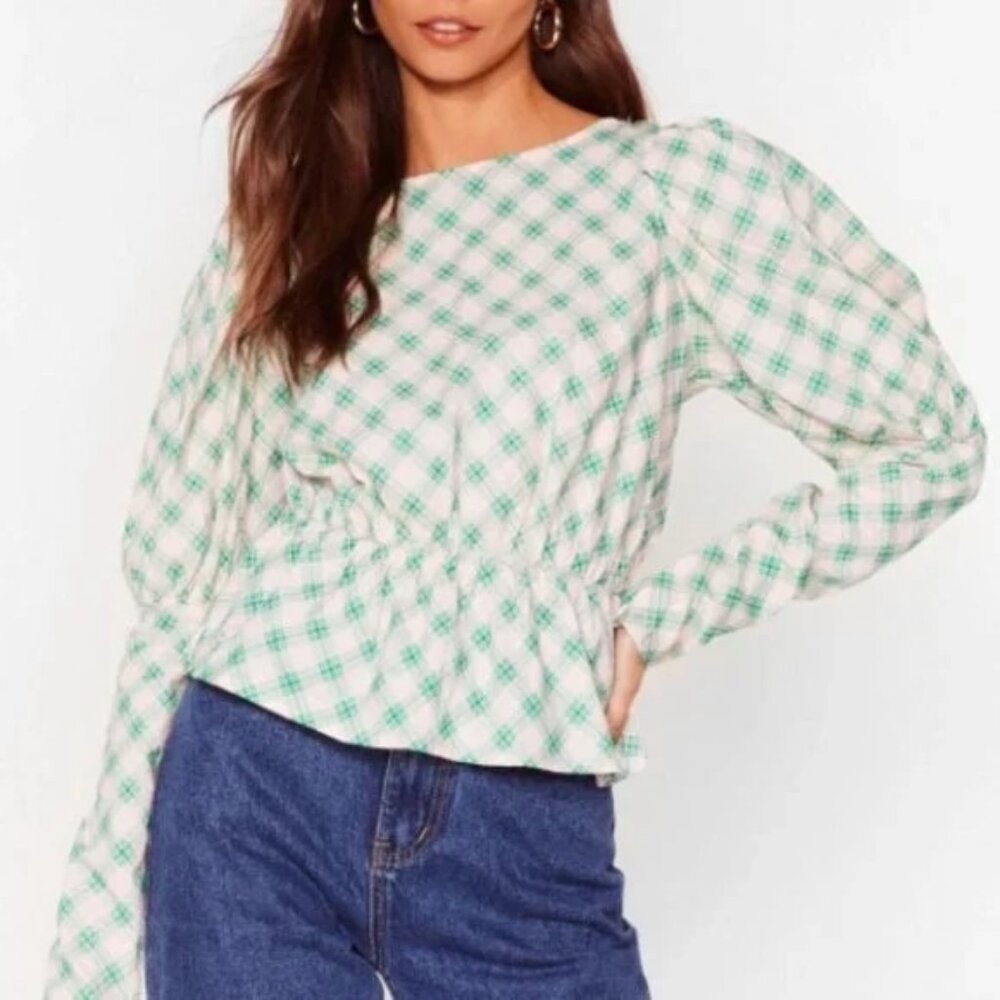 Daisy Street Pink Plaid Cottagecore Peasant Peplum Top - Medium - - Picture 2 of 11